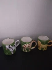 Variety Set of 3 Lillian Veron Majolica Mugs, Zebra Giraffe Lion