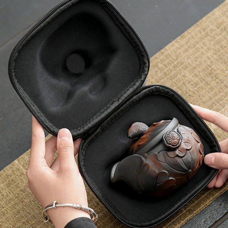 Portable Tea Set Chinese Purple Pottery Tea Pot Matching Cup Portable Bag Lotus - Image 3 of 4
