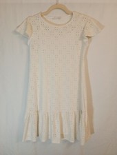 Mady & Nell White Eyelet Mini Dress Small Short Sleeve Ruffle Hem Made In USA 