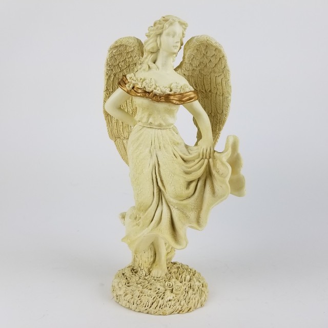 Winged Angel Figurine Statue 8" Porcelain Golden Dress Flowers Wings