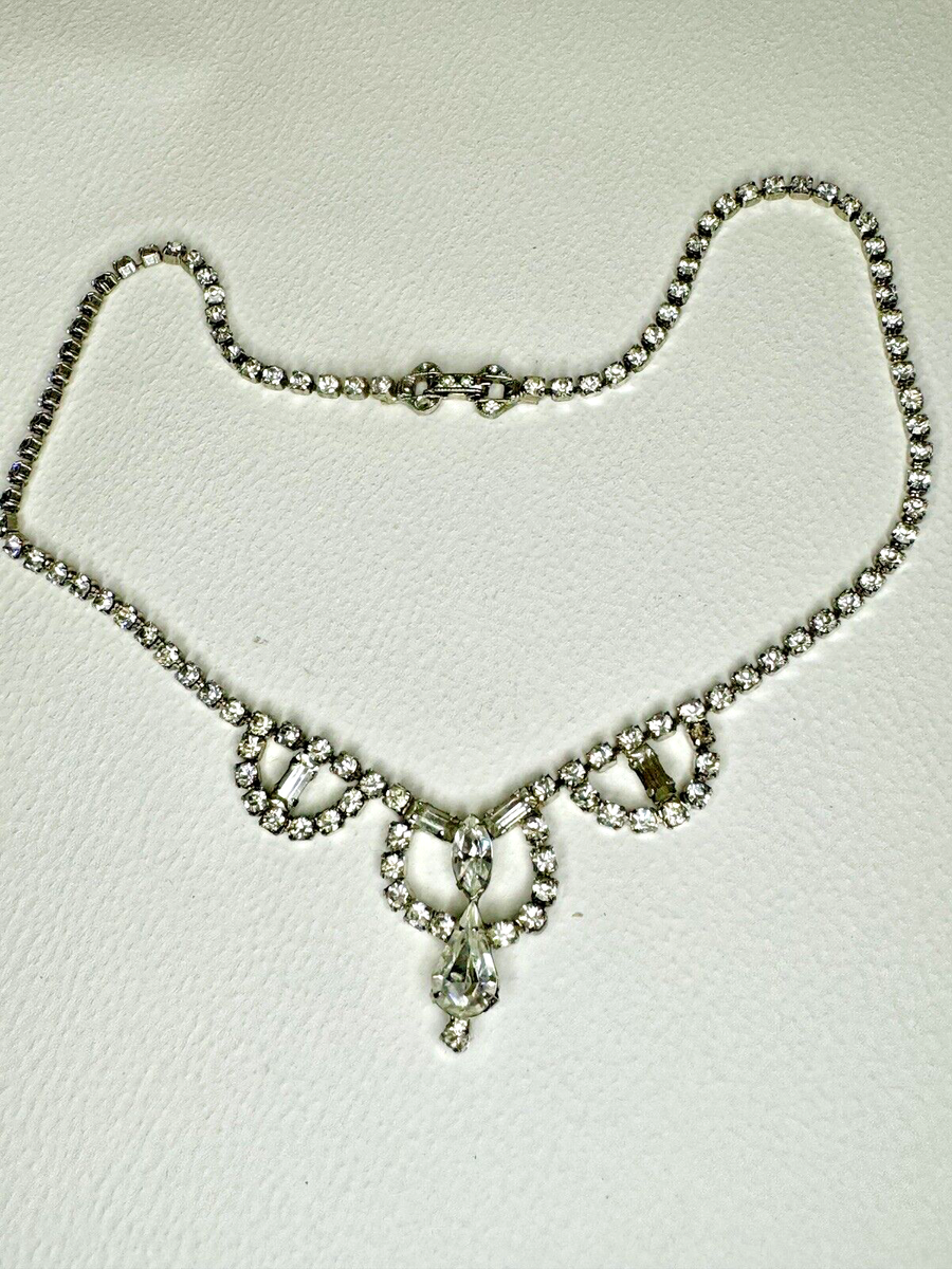 Vintage Crystal Rhinestone Teardrop Drop Necklace Choker Silver