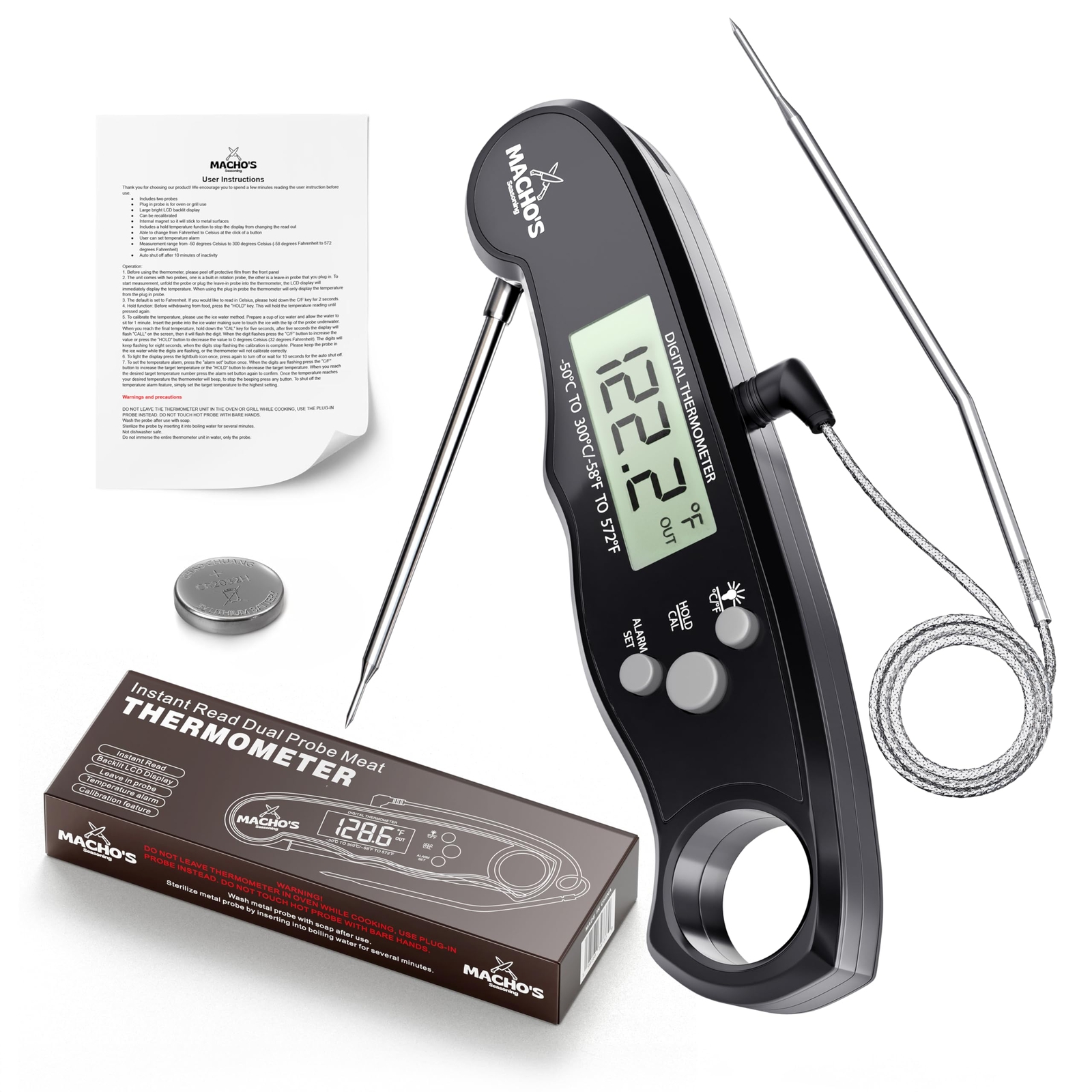 Instant Read Dual Probe Digital Meat Thermometer | 2-in-1 Use Includes Wired ...