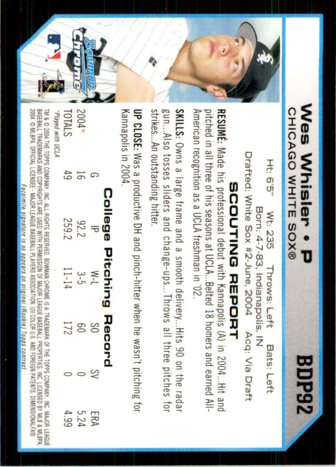2004 Bowman Chrome Wes Whisler 102 Baseball Cards #BDP92 - Image 2 of 2