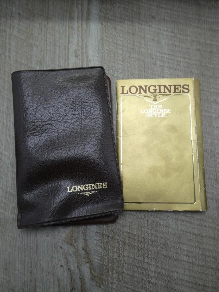 Folleto de instrucciones Longines vintage y bolsa marrón, ajuste de fecha y hora