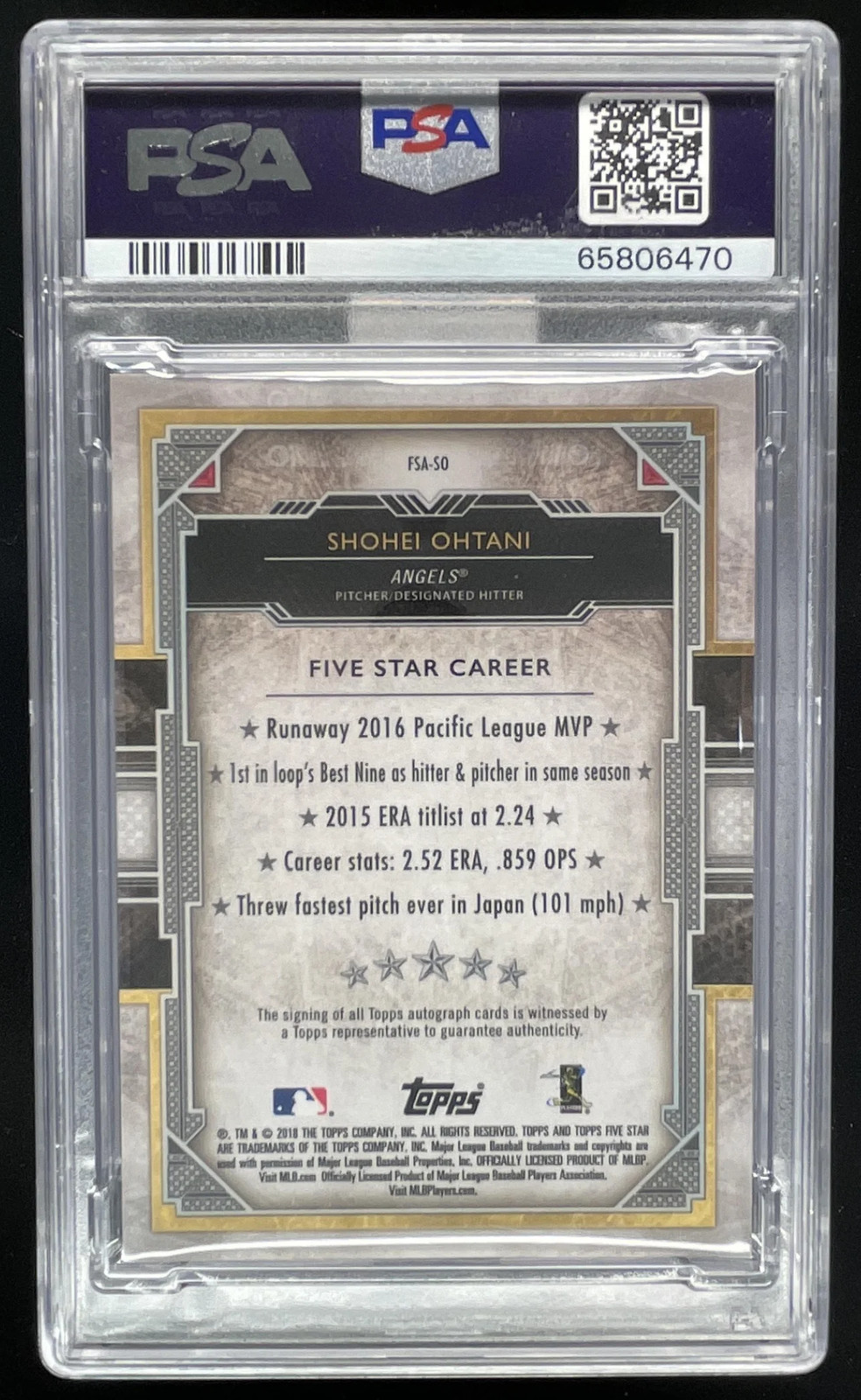 2018 Topps Five Star #FSA-SO Shohei Ohtani RC Auto MBA Bronze Diamond PSA 9 view 2