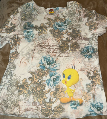 Looney Tunes Womens Plus 3X Tweety Floral Graphic Crew Neck Short Sleeve Tee