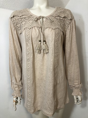 #ad #ad Sundance Womens Medium Linen Peasant Top Longsleeved Beige Crocheted Lace $22.95