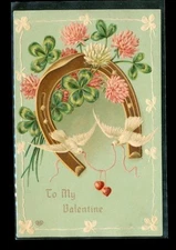 Vintage Postcard Valentines Day Pink Carnations Horseshoe Doves Four Leaf Clover