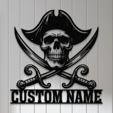 Arte de pared de metal con calavera pirata personalizada con luz LED, nombre personalizado de barco pirata