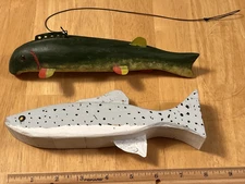 Lot of 2 Hand Carved & Painted Spear/Ice Fishing Decoys, Folk Art, Sucker, Trout
