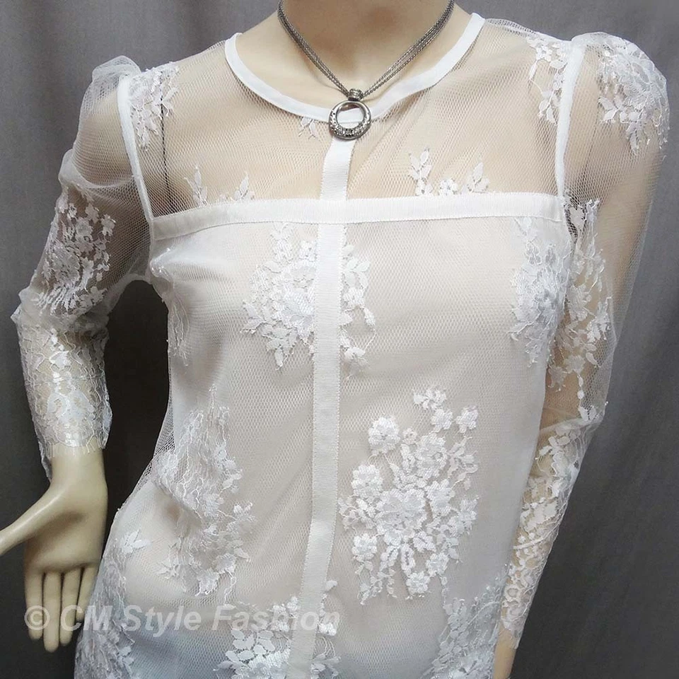Blusa Top Estilo CM Sexy Transparente Hombro Encaje Floral Blanca S Foto 2 de 4