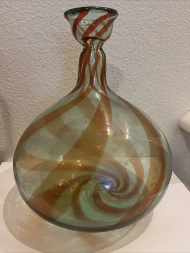 Vintage MCM Blenko 828M Balloon Vase Antique Green W/ribbons Blown Glass