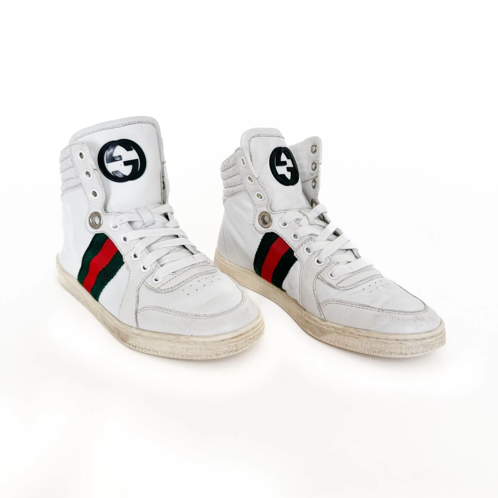 Baskets Gucci Coda High Top Web Stripe EU 37 US 7 cuir blanc GG mi lacets