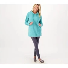 Denim and Co Active Fleece Hooded Long Sleeve Tunic Turquoise Womens Size Small