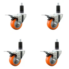 3 Inch SS Orange Poly Swivel 1-1/4 Inch Expanding Stem Caster Set Brake