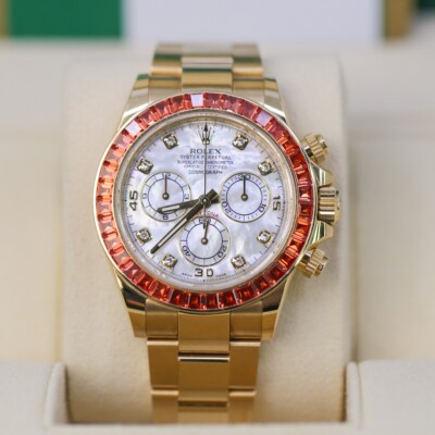 Rolex 116578 SACO Daytona MOP Diamond Dial Orange Sapphire Bezel