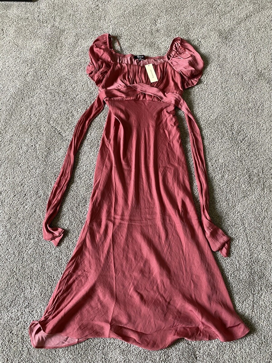 Trixxi pink satin midi dress empire waist puff sleeve size M NWT | eBay