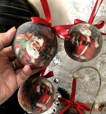 BUY Set of 3-9 Vtg 3.5" MCM Red Crystal Glitter SANTA Xmas BALL ORNAMENT Styro
