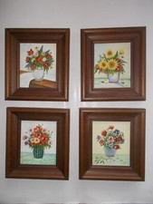4er Set Bilder, gemalt, Blumen, im Holzrahmen