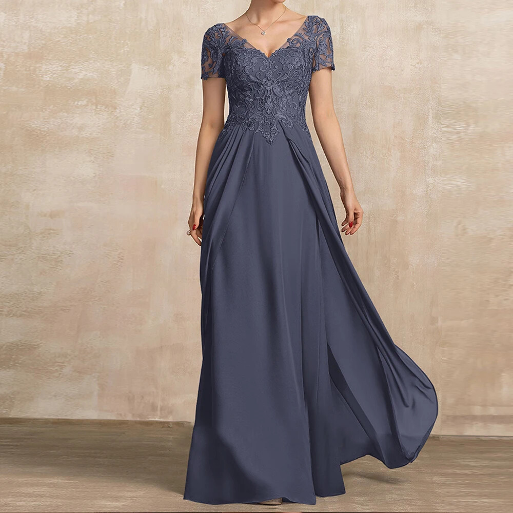 Chiffon Mother Of The Bride Dress Short Sleeve A Line V Neck Applique Party  Gown | eBay