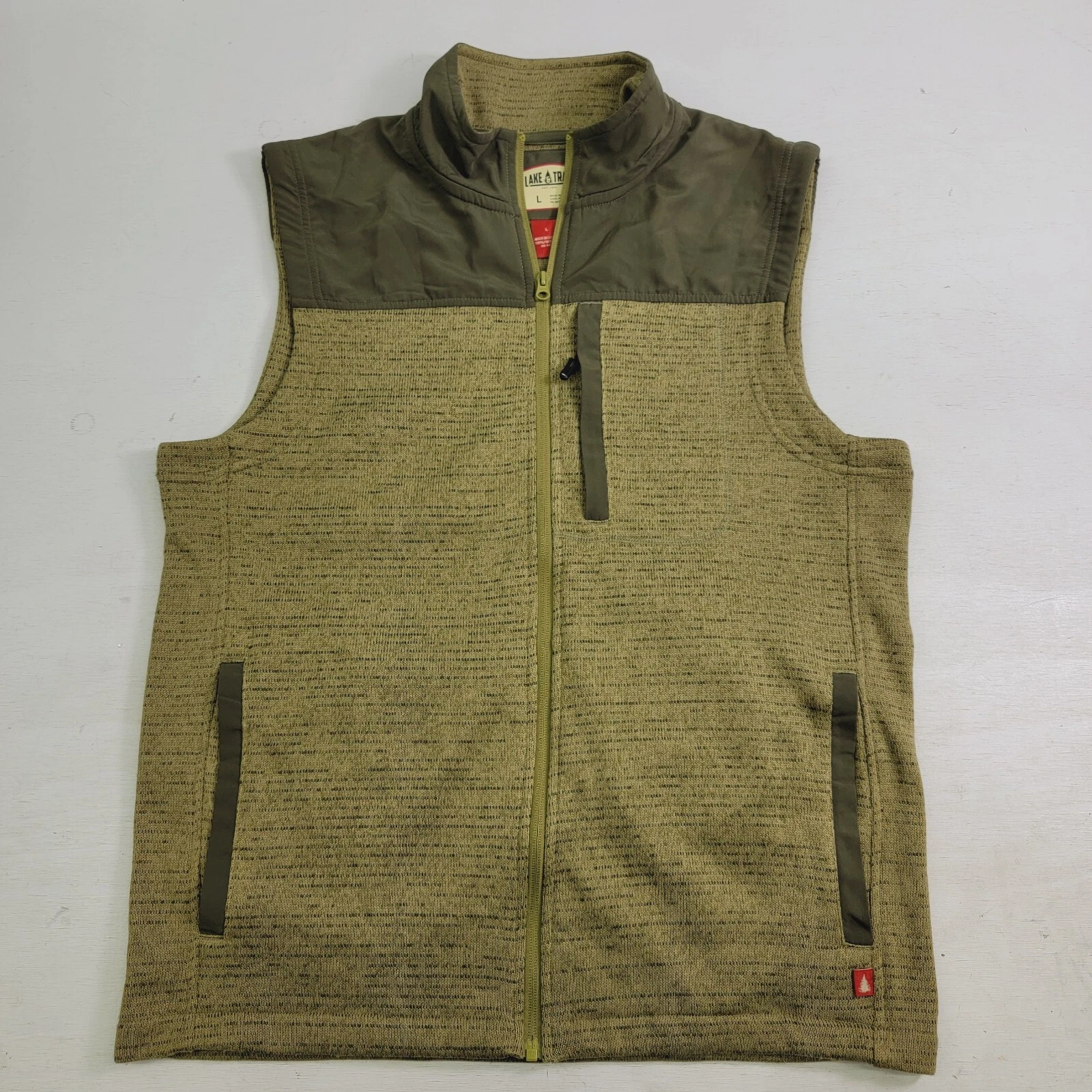 Lake & Trail Mens Sz L Olive Green Knit Vest Multi Pockets Fishing Hiking EUC