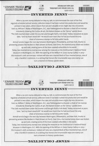 Inverted Jenny, 2 unseperated panes, Scott #4806, 2013 , 1/3 of a press sheet - Picture 2 of 3