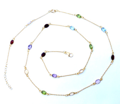 925 Sterling Silver Gold-Plated Natrual Multi Gemstone Bezel Necklace Size 29''