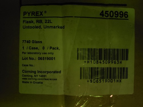 PYREX 22000ML 22 LITER ROUND BOTTOM BOILING FLASK SHORT RING NECK NEW IN MFG BOX - Bild 2 von 7