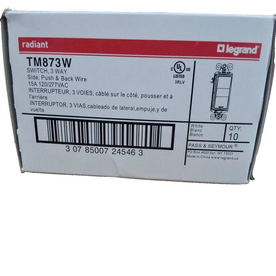PASS & SEYMOUR LEGRAND TM873W DECORA SWITCH, 3-WAY, 15A, 120V WHITE (10 PACK)