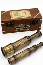 Vintage Brass Pirate Spyglass Telescope with Engraved Wooden Box Nautical D...