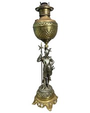 19thC Antique VICTORIAN Era SOLDIER in ARMOR Old STATUE Figural BANQUET Oil LAMP