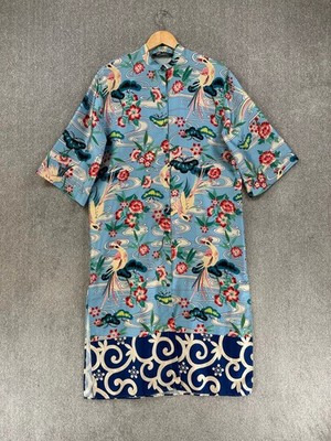 Zara Kleid Gr. S blau Blumen Vögel Muster Kimono Stil Shirt Midi orientalisch