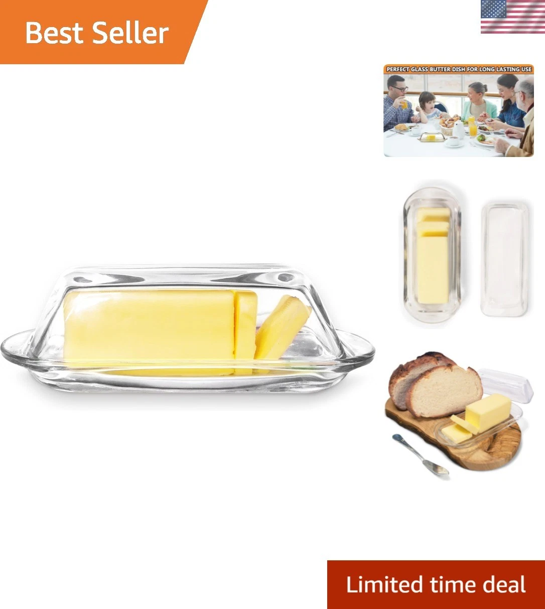 Decorative Clear Glass Butter Dish with Lid for Countertop & Refrigerator - C...