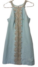 Lilly Pulitzer Pearl Shift Whisper Blue Gold Halter Dress Size 2 Beach Preppy