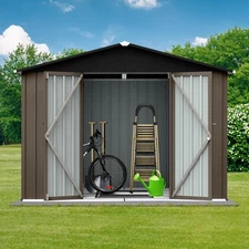 Metal Garden Shed 6ft x 8ft Outdoor Storage Tool House with Hinged Door Brown