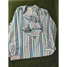 Vtg 1970’s Pussybow Blouse LAURA MAE Striped Long sleeve Polyester Size 38 USA