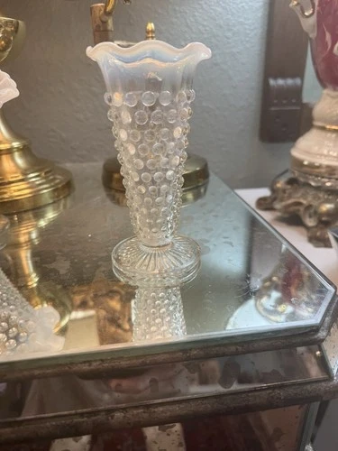 SET OF 3 Fenton Art Glass Moonstone French White  Opalescent Hobnail Ruffle Vase