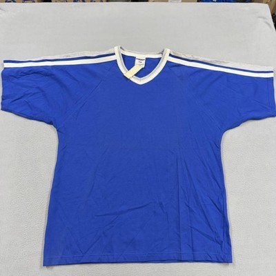Vintage Jerzees Shirt Mens XL Blue Ringer V-Neck Stripe Made In Turkey Tee