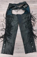 FIRST GENUINE Leather Chaps Thick Black INNER Suede Fringe SNAP ZIP BUCKLE VTG 