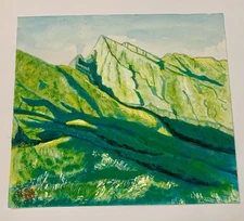 Vintage Bold Colors Asian watercolor old paper signed stamped By Artist 9x11