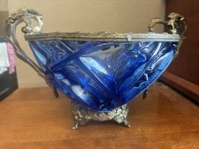 Vintage Consolidated Glass 700 Series Blue Bowl Martele Ornate Mounting