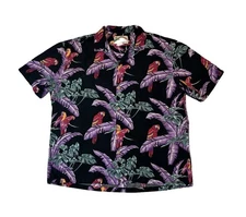 Paradise Found mens L Large black purple parrot floral magnum PI Hawaiian shirt