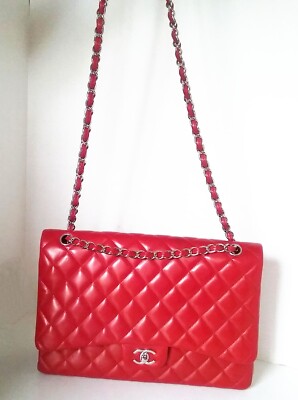 Authentic CHANEL Red Lambskin Classic Maxi Single Flap Bag SHW