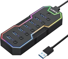 USB 3.0 Hub 7 Ports USB Expander with RGB LED and On/Off Switches Status Light