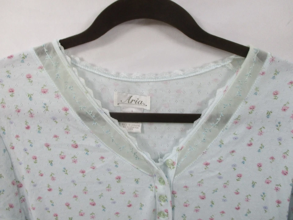 Camisón Aria Mujer Pequeño Azul Floral Cuello en V Botón Corto Manga Corta Algodón Foto 2 de 4