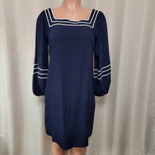 LOFT Zig Zag Blouson Above Knee Swing Dress Women's Size Small Navy Blue White