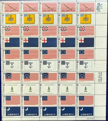 Historic Flag Series Sheet of Fifty 6 Cent Postage Stamps Scott