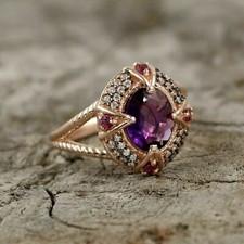 2Ct Oval Cut Lab-Created Amethyst Halo Engagement Ring 925 Sterling Silver