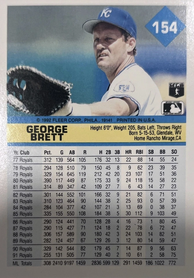 1992 Fleer George Brett HOF Kansas City Royals #154 NMMT - Image 2 of 2