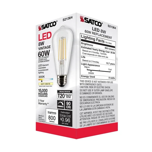 Satco S21364 - 8 Watt ST19 LED Clear E26 Light bulbs - 90 CRI - 3000K (6 Pack) - Picture 9 of 9